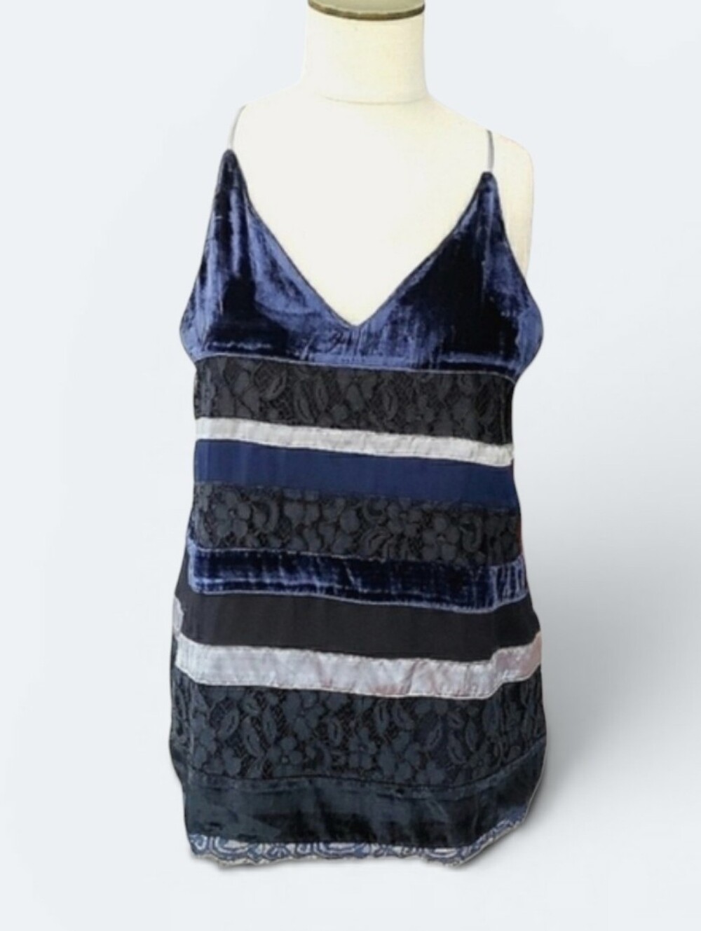 NWT LOFT Vintage Y2K Velvet Lace Striped Camisole Top Cami MP Blue Black